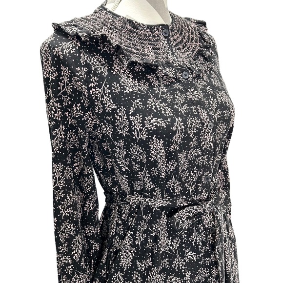 Boden Black Floral Midi Dress Smocked Neckline Button Front Belted Long Sleeve - Picture 3 of 12